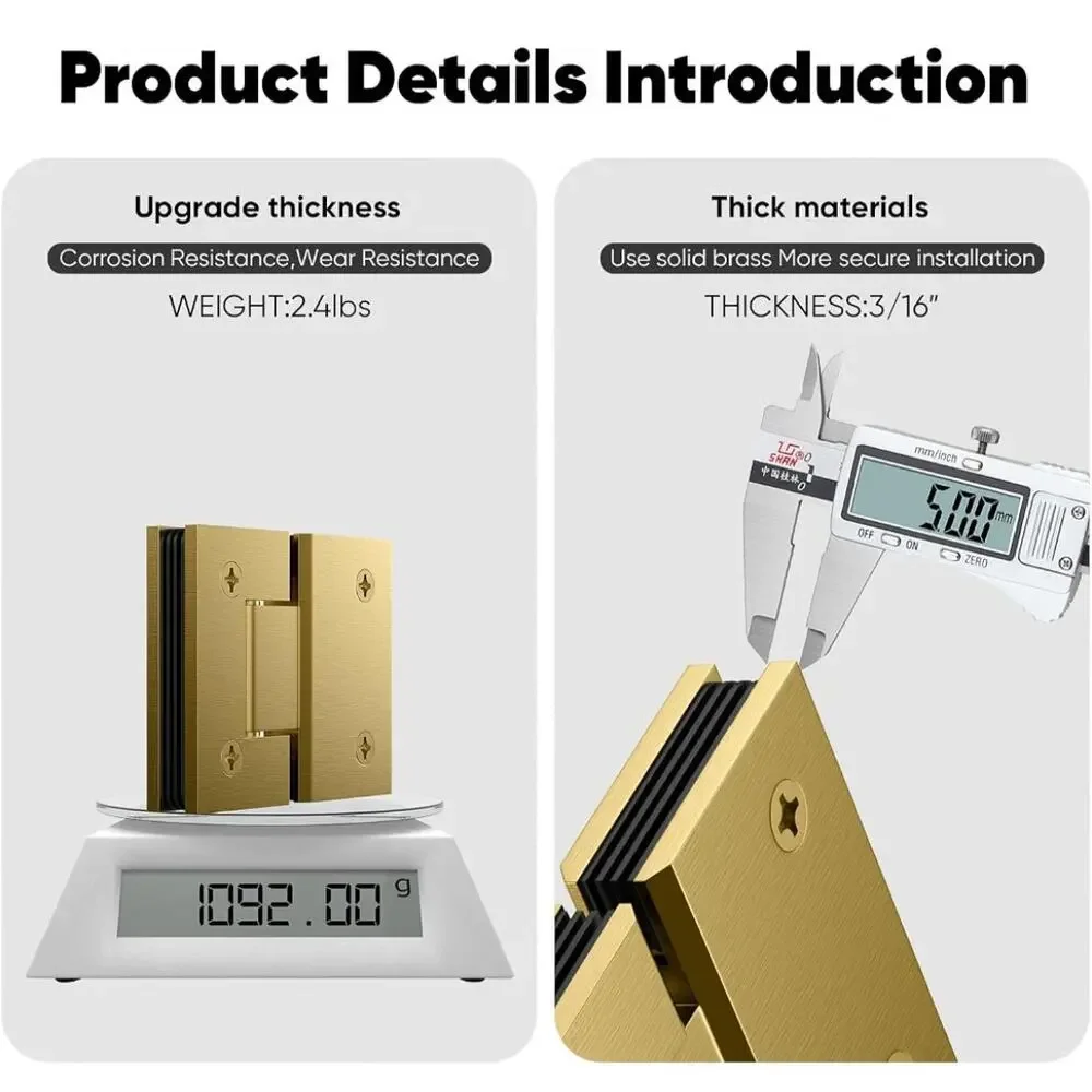 AatrixQuayn 180° Shower Door Hinges 2 Pack Solid Brass Brushed Gold 8-12mm